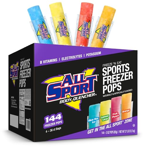 All Sport Freezer Pops, Giant Sized 3oz, 144 CT, Refreshing Ice Pops with Electrolytes, B Vitamins & Potassium –Blue Raz Ice, Lemon Lime, Fruit Punch & Orange