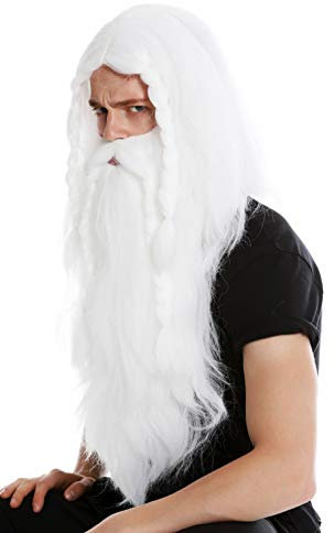 WIG ME UP - RJ033-P60 Perücke & Bart Herrenperücke Karneval Fasching Wikinger Barbar Viking Zwerg Germane weiß alt lang geflochten