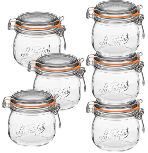 Le Parfait Super Jar - 500mL French Glass Canning Jar With Round Body, Airtight Lid, Wide Mouth - Clear Glass (16oz/Pint, 6 Pack)