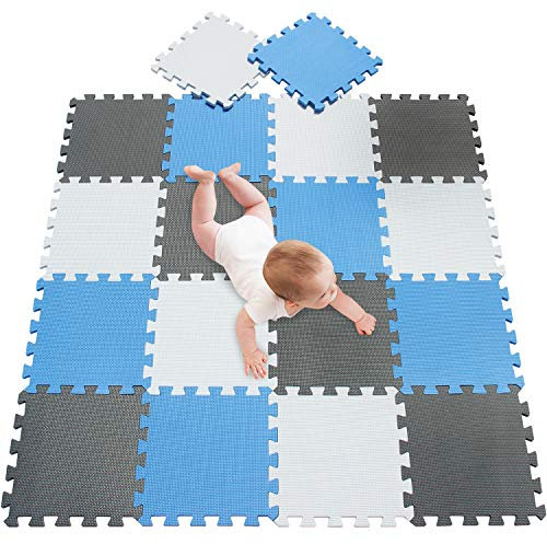 meiqicool Puzzlematte für Babys und Kinder, Spielteppich Spielmatte Lernteppich Kinderspielteppich Schaumstoffmatte Matte bunt,18 Stück Weiß Blau Grau 010712