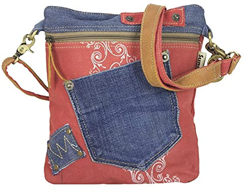 Sunsa Damen Umhängetasche. Nachhaltige Tasche aus recycelte Jeans Canvas & Leder. Rot/blau Vintage Stil Schultertasche.