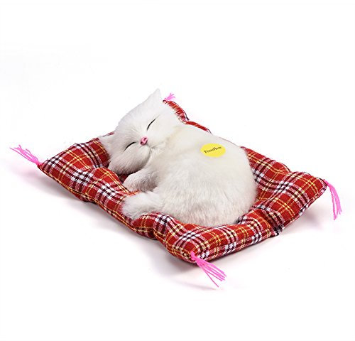 Tnfeeon Simulation Schlafen Plüsch Katze mit niedlichen Klang, weiche Matte Bett Schlafen Katze gefüllte Puppe Dekoration beliebtes für Kinder Kleinkinder(Weiß)