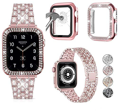 3-Pack JOHIPI Compatible with Apple Watch Band 38mm 40mm 42mm 44mm + Case, Women Jewelry Bling Diamond Metal Strap with Diamond Case and Glass Screen Protector Case for iWatch Series SE 6 5 4 3 2 1