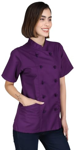 Short Sleeves Knotted Cloth Buttons Women Chef Coat Jacket Uniform ideal for food service, Caterers and Culinary professional (Medium, Violet)