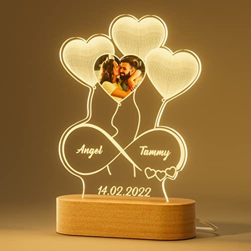 Photo Personnalisé Lampe Coeur LED Cadre Personnalisé avec Nom Date Veilleuse Illusion 3D de Ballons de Cœur de Verre Acrylique Cadeaux Noël Saint Valentin Anniversaire Fête Des Mères Deco Chambre