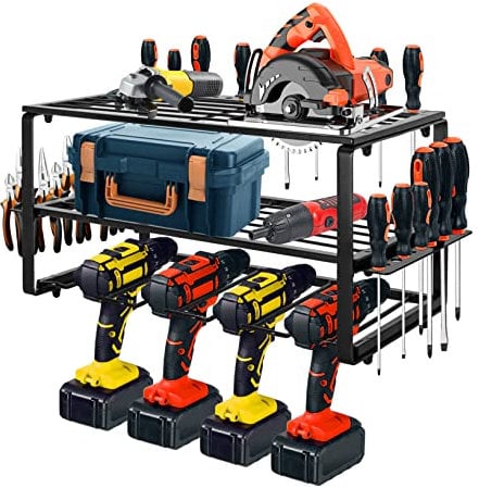 BQKOZFIN Power Tool Organizer Storage Rack, Wall Mount Drill Holder Charging Station for 4 Power Drills, Cordless Battery Tool Shelving with Side Screwdriver Rack for Garage, Workshop (Small)