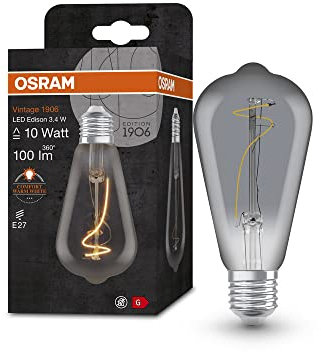 OSRAM Lamps Vintage 1906 LED-Lampe mit Smoke-Tönung, 3,4W, 100lm, Edison-Form mit 64mm Durchmesser & E27-Sockel, warmweiße Lichtfarbe, nicht dimmbares Filament, bis zu 15.000 Stunden Lebensdauer
