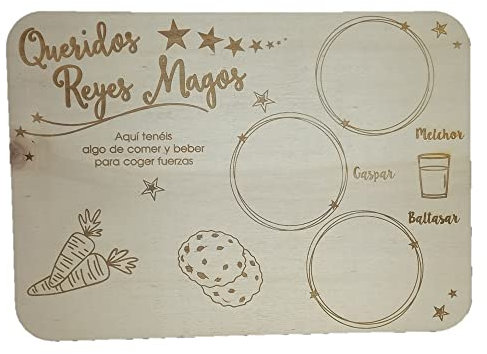 Bandeja Navidad personalizable con el nombre, fabricada en madera para dar la bienvenida a los Reyes Magos o Papá Noel. (Reyes Magos)