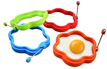 Syfunlv 4X Omelette en Silicone, Forme de Moule à Omelette Fleurs, Silicone Anneaux d'oeufs, pour ufs au Plat et crêpes, Forme en Silicone avec poignée de Protection Thermique, 11 * 2cm