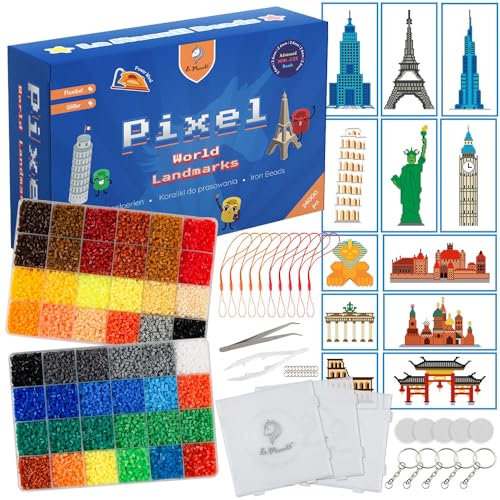 La Manuli Bügelperlenset 24000 Stück mit Glitzer Perlen, Bügelperlen Mini (2.6 mm), Steckperlen mit Platten, Zubehör, Muster (Wahrzeichen der Welt), Vollständiger Satz