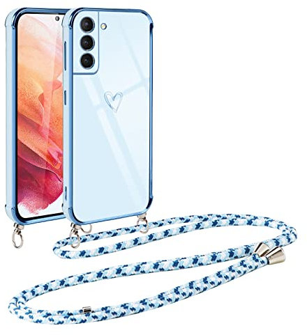 Vauki handyband für Samsung Galaxy S21 5G Hülle mit Band, Handyhülle mit Kette, Herz Motiv, Ultra Dünn Stoßfeste Aesthetic Case mit Kordel zum Umhängen für Samsung S21 5G 6.2 Zoll, Blau