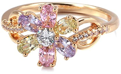YAHOYA Bague de Fleur en Or Rose pour Femmes Mode coloré Naturel Zircon Anneaux Fine Bride Bijoux de Mariage Cadeau en Cristal