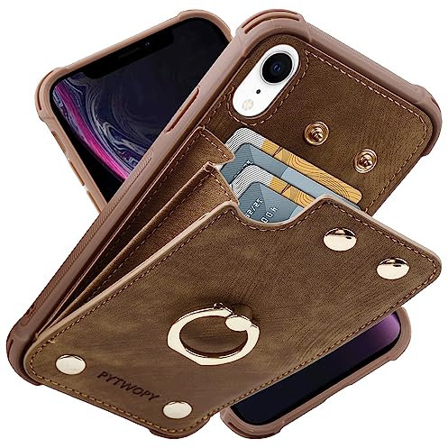 PYTWOPY Apple Handyhülle für iPhone XR/10R mit Kreditkartenfach, Leder, stoßfest, unterstützt 360° drehbarer Ringständer und RFID-Blockierung, Braun