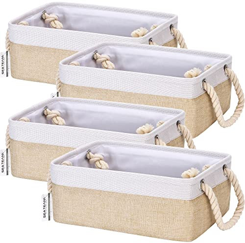 Sea Team 4-Pack Small Canvas Fabric Storage Basket with Cotton Rope Handles, 7.8L Capacity Bin for Toiletry Toy Sundrey Item Desk Gadget Organizer Khaki