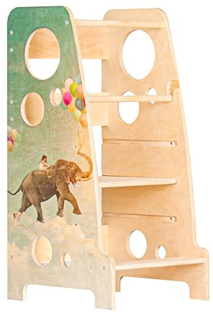 BABYLIKE Montessori Lernturm für Kinder | Lernstuhl ab 1 Jahr | Learning Tower | Tritthocker mit 2 Stufen & verstellbaren Fachböden | Elefant