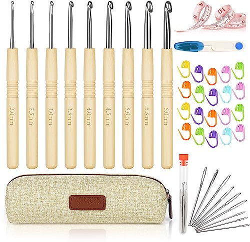 Aeeque Häkelnadel Set mit Ergonomischer Holzgriff, 9 PCS Bambus Häkelnadeln 2,0 mm - 6,0 mm, Praktisch Häkelnadel Set für Anfänger, Arthritis, Licht Häkelnadeln Set für Schal Socken Pollover