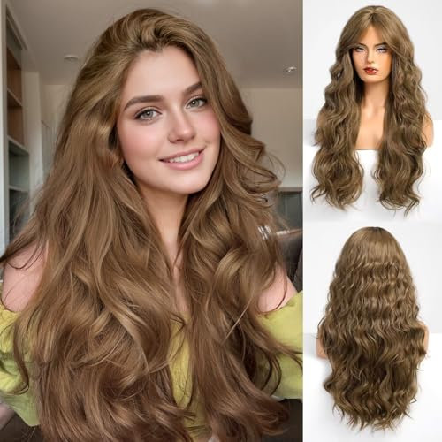 HAIRCUBE Lange Braune Gewellte Perücke für Damen mit Pony Lockig Gewellte Perücke Natürlich aussehende Synthetikperücke Hitzebeständige Fasern für den täglichen Partygebrauch 26 Zoll