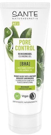 SANTE Naturkosmetik Pore Control BHA Reinigungsgel, mit mattierendem Bio-Grüner Tee, BHA & Niacinamid Komplex, veganes Waschgel für Mischhaut, porenverfeinernde Reinigung, 100ml
