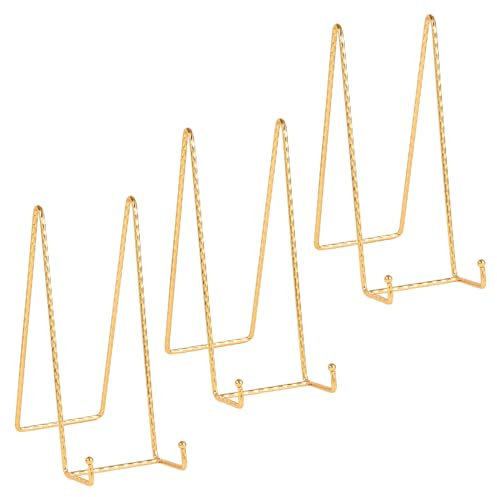 Large Plate Holder Display Stand - 10 inch Extra Tall Stands - Twisted Metal Wire Easel - Big Tabletop Easels for Decorative Plates | Picture Frame | Platter | Painting | Plaque - 3 Pack - Gold