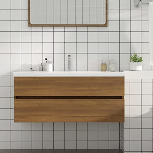 ZEYUAN Mueble de Lavabo, Mueble Baño Lavabo, Mueble Bajo Lavabo, Lavabo con Mueble, Armario Bajo Lavabo, contrachapado Roble marrón 100x38,5x45 cm