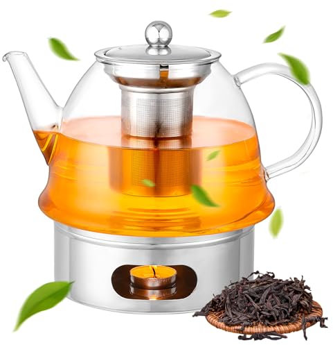 COPOTEA Glass Teapot with Removable Infuser, 1500ml, Glass Kettle with Candle Warmer, Teapot Also for Loose and Blooming Tea, Gift Box