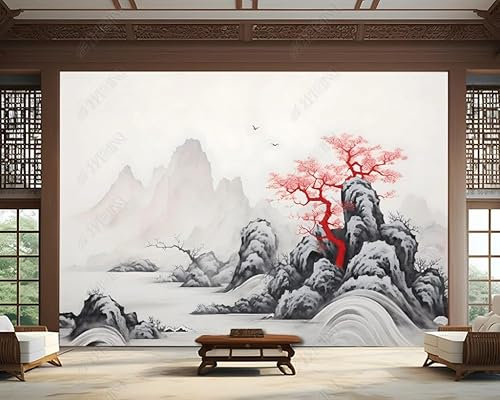 Vlies Fototapete Berge Seen Kiefern Waldtuschemalerei 300X210 Cm - Foto Tapete Schlafzimmer Wohnzimmer Moderne Vliestapete Xxl Wandtapete Motivtapeten Bildtapete 3D Effekt Wand Dekoration