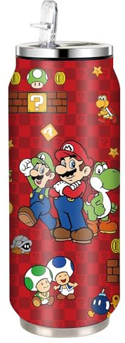MAJEQZGY Mario Edelstahl Wasserflasche 500 ml Hochklappbare Sportwasserflaschen aus Edelstahl mit Strohhalm, wiederverwendbarer Getränkebecher für Fitnessstudio, Reisen, Sport (Rot Kariert)