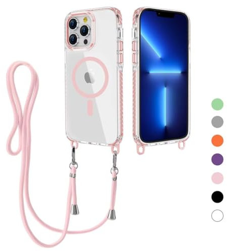 MBSLFY Handyband Handyhülle für iPhone 13 Pro Hülle mit Band [Kompatibel mit Magsafe] Transparente Magnetisch Handyhülle mit Abnehmbar Schutzhülle kompatibel mit iPhone 13 Pro, Rosa