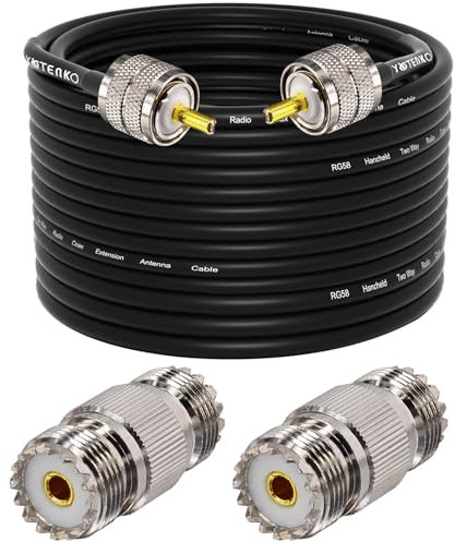 YOTENKO Cavo antenna CB 22,9 m, PL259 RG58, cavo coassiale UHF PL259 maschio + 2 adattatori femmina UHF SO239 da 50 Ohm per radio CB Ham, misuratore SWR, analizzatore antenna, radio HF, radio