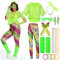 Ulikey 80er 90er Jahre Outfit Damen, Kostüm Mit Bunten Leggings, Aerobic Zubehör Set - Gläser, Halskette (Grüne Farbe, XL)