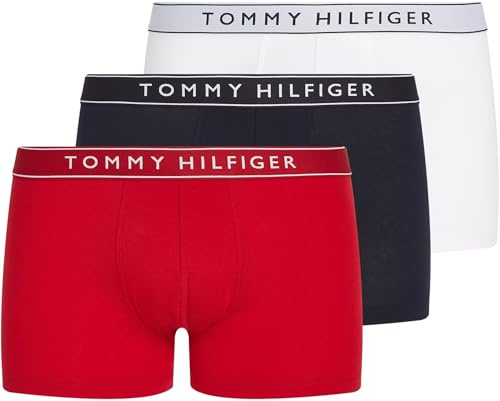 Tommy Hilfiger Men’s 3 Pack Trunks with Logo Waistband, Multicolor (Th Wht/Med Red/Dsrt Sky), S