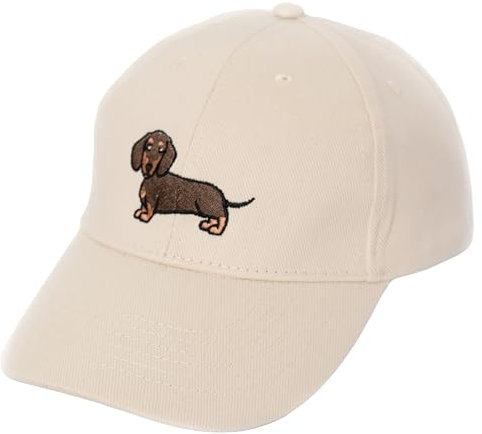 Pepa Medina Beigefarbene Mütze mit Teckel-Hund, Dackel, 100 % Bio-Baumwolle, Geschenke für Hundeliebhaber