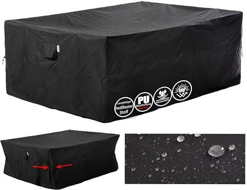 F&J Outdoors Gartenmöbel Abdeckungen Wasserdicht Patio Tisch Abdeckung Cinched Waist Storage Cover Winddicht Große Rechteckige Schutzhülle Heavy Duty Tear Resistant Schwarz,320x211x84cm