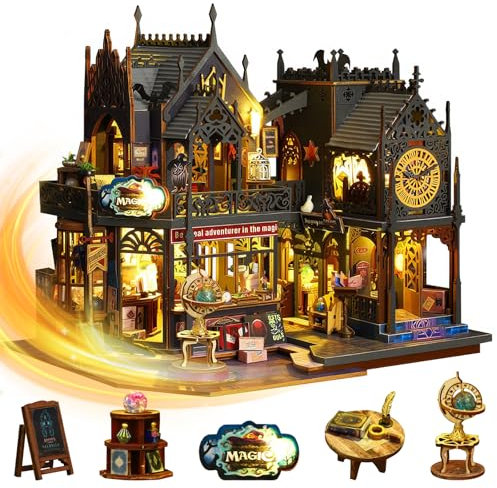 DIY Miniature House, Book Nook Miniatur Magisches Haus, DIY Mini-Puppenhaus aus Holz mit Möbeln, Baumodell mit LED-Licht für Teenager und Erwachsene, 3D Kreatives Bücherecken-Bauset Weihnachten