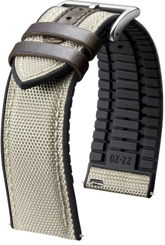 BINLUN Nylon Silikon Uhrenarmbänder 18mm 19mm 20mm 21mm 22mm Schnellverschluss Canvas Gummi Hybrid Uhrenarmband Ersatzarmbänder für Männer Frauen 9 Farben(Schnalle In Khaki/Silber,22mm)