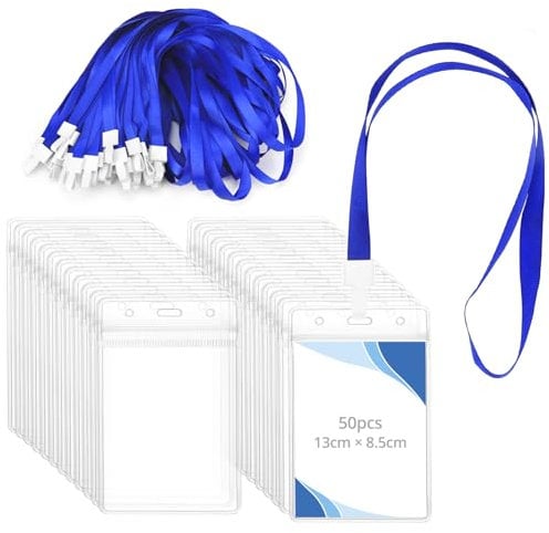 QWORK® Set di 50 Porta Badge 130 * 85mm in Plastica Trasparente con Cordini Blu da 90 cm per Eventi e Uffi