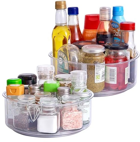 MATANA 4 Pack Clear Lazy Susan Turntable Shelf Organiser (360°, 23cm) - High Rim - Rotating Spice Jars Storage Holder, Condiments, Cosmetics - Kitchen, Fridge, Pantry, Cupboard
