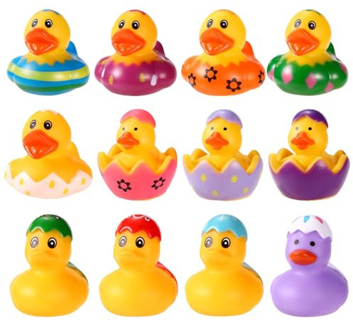 12stk Ente Oster mit Eierschale, 12 Stile Gummienten im Ei Verschiedene Mini Gummienten Eierbemalte Quietscheentchen Gummiente mit Ostermotiv als Baby-Badespielzeug Ostern Geschenk