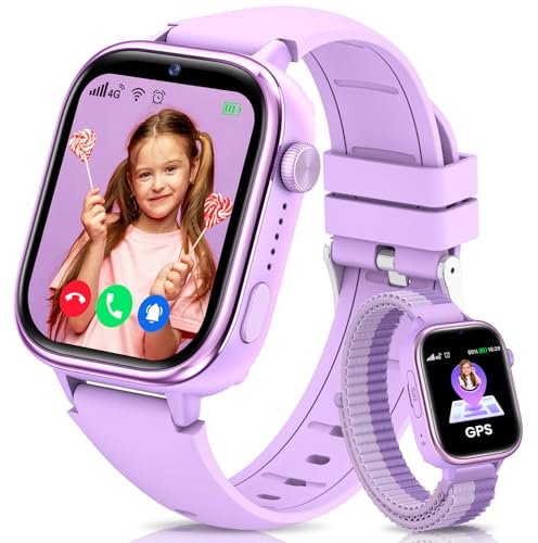 SWGOTA 4G Smartwatch Bambini, Orologio Smartwatch Bambini con GPS, Chiamate, Videochiamate, Messaggi, modalità Scuola, Funzione SOS, Impermeabile IP68, Sveglia, Fotocamera e Contapassi (Viola)