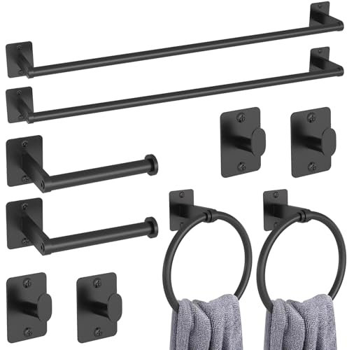 Toilet Roll Holder and Towel Rail Set, Gypie 10 Pieces Black Bathroom Accessories Set, Metal Bathroom Hardware Set Includes 24″ Black Towel Rail, Toilet Roll Holder, Towel Ring, and Wall Hooks