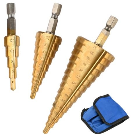 CENBEN 3PCS HSS Step Drill Bits Hex Shank, High Speed Spiral Cone Cutters for Metal, Cone Drill Bit Step Bits for Sheet Metal, Stainless Steel, Aluminum, Wood, Plastic(4-12mm, 4-20mm and 4-32mm)