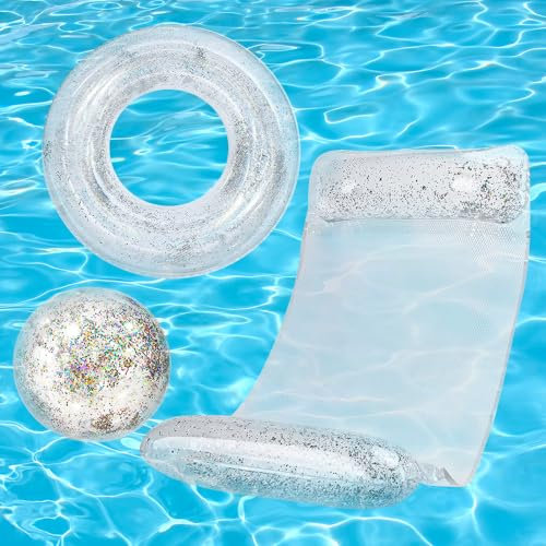 KBIBCK 3 Stück Pool Spielzeug, Aufblasbare Wasserspielzeug mit 1 Aufblasbares Schwimmbett, 1 Aufblasbare Glitter Wasserbälle, 1 Schwimmring mit Pailletten für Sommeraktivitäten im Freien Wasserspiele