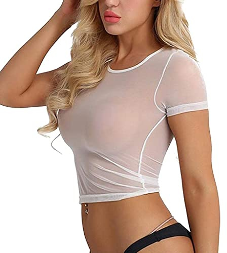 Gatamiau Women's Sexy See-Through Short Sleeve Cropped Top Transparent Temptation T-Shirt Sheer Mesh Slim Fit Blouse Party Clubwear Tops Soft and Elastic