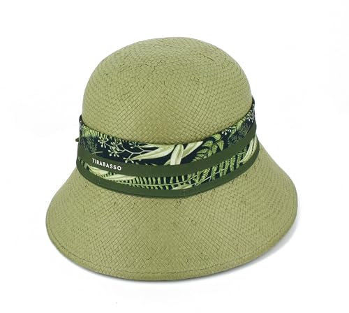 TIRABASSO - Sombrero de campana para mujer de papel de paja y tejido bandana. Fabricado en Italia., verde oliva, 58