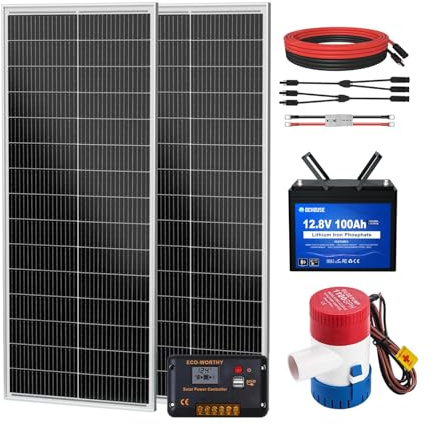 DCHOUSE 1100GPH Bilgenpumpe set, mit 12V DC Bootspumpe + 2 * 120W Solarpanel+100AH Bluetooth Batterie+20A Solar Ladereglerfür Teiche, Pools, Fischerboote und Wohnmobile
