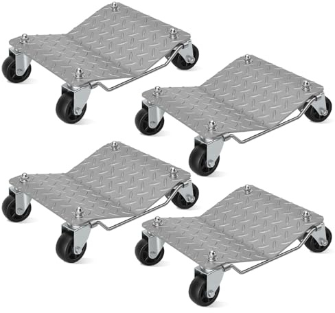 Vkechh 4 Stück Rangierhilfe, Rangierhilfe PKW mit 500kg Tragkraft - Mobile Fahrzeugplattform 41x30x13cm, 360° Drehrollen für Auto, Motorrad & Traktor (Silber)
