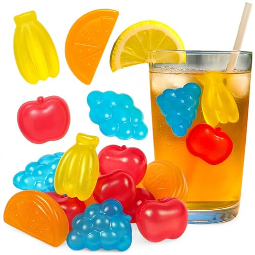 MIJOMA Set di 14 cubetti di ghiaccio permanenti, a forma di frutta, riutilizzabili, per bevande, colorati, per alimenti e tropicali, perfetti per feste ed estate