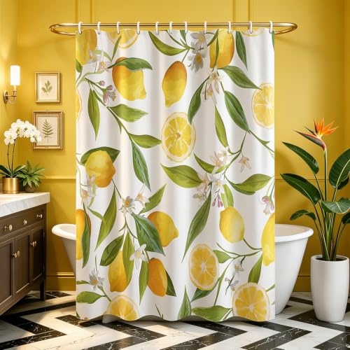 Lerores Rideau de douche 160 x 160 cm - Motif feuilles de citron - Ourlet lesté - Anti-moisissure - Imperméable - Lavable - En polyester - Avec 12 œillets et anneaux de rideau de douche - Pour salle