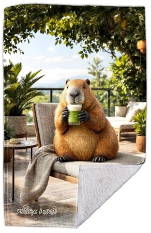RPLUS Capybara Strandtuch 70×140 cm – Relax-Modus-Motiv – Badetuch aus Baumwolle - weich, saugfähig & hautfreundlich – Ideal für Strand, Pool & Urlaub – Lustiges Tiermotiv