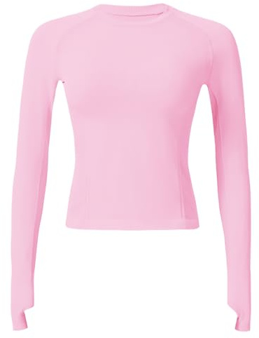 Women's Gym Tops Seamless Sports T-Shirt Basic Long Sleeve Tee Shirts with Thumb Holes Slim Fit Stretchy Yoga Tops Pink